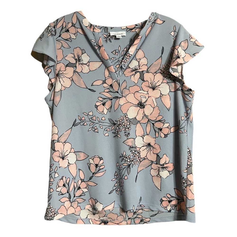 Calvin Klein Blue Pink Floral Pattern Flutter Sleeve Tank Top Sz L EUC